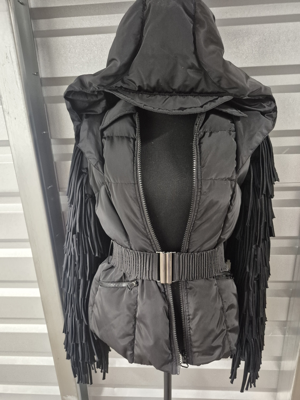 Balmain Black Hooded Puffer Jacket with Fringe Sleeves